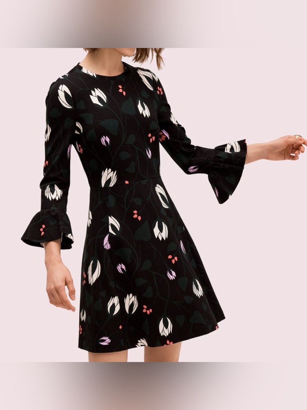 Kate Spade New York Floral Fit & Flare Dress Black Size M Bell Sleeve